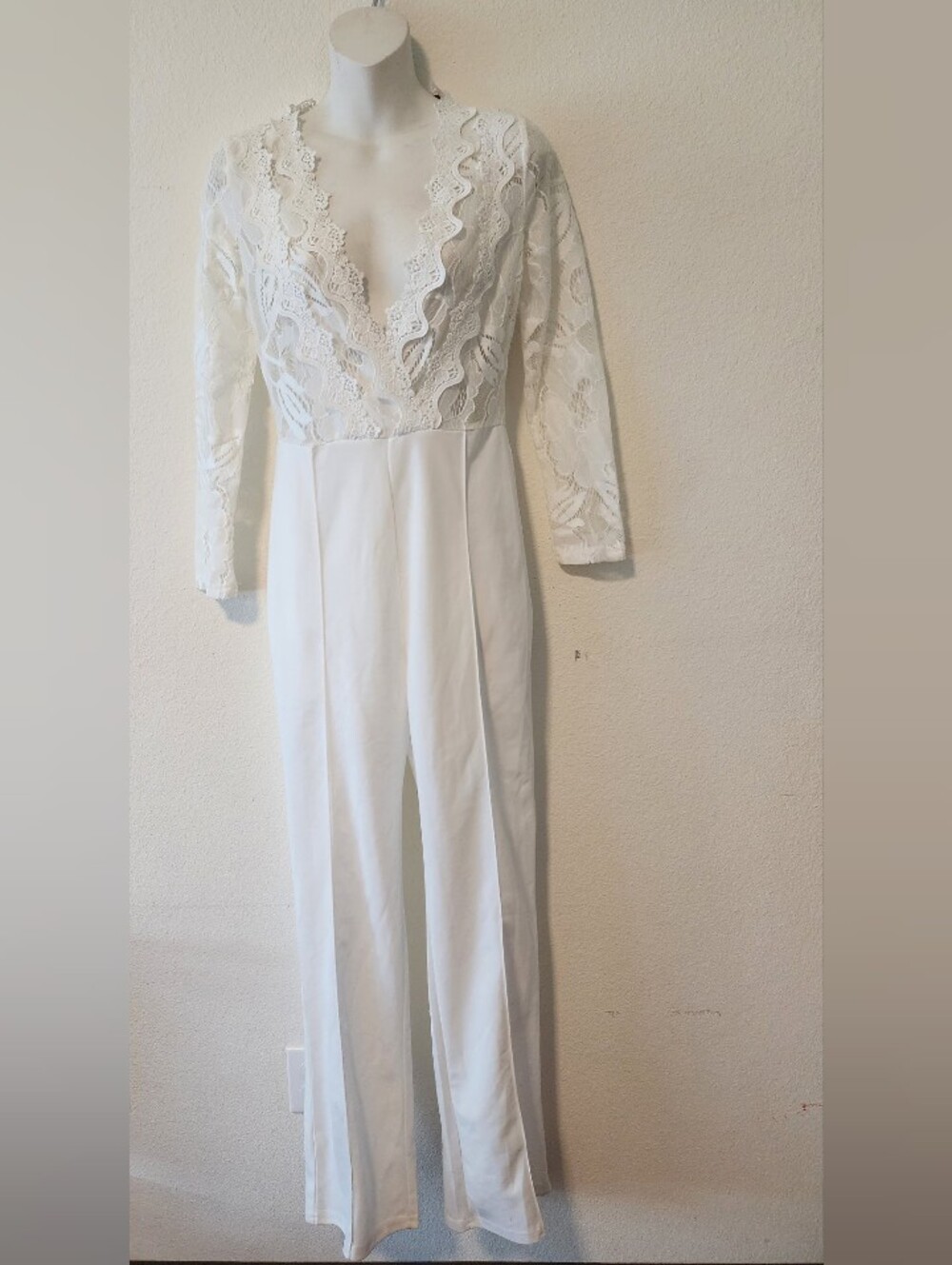 CHICME White Lace Sheer Long Sleeve Plunging V-Neck Wide Leg Jumpsuit Size M